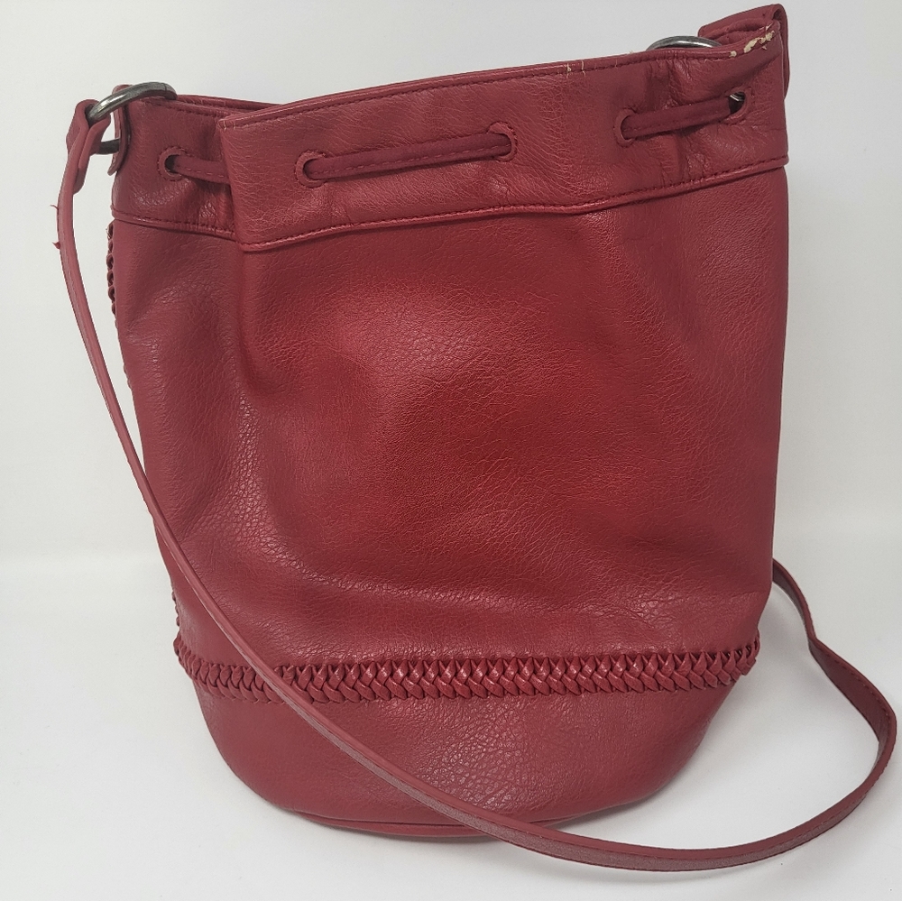 Lucky Brand Crossbody Bucket Bag Tassel Braided Red Faux Leather - Picture 4 of 11